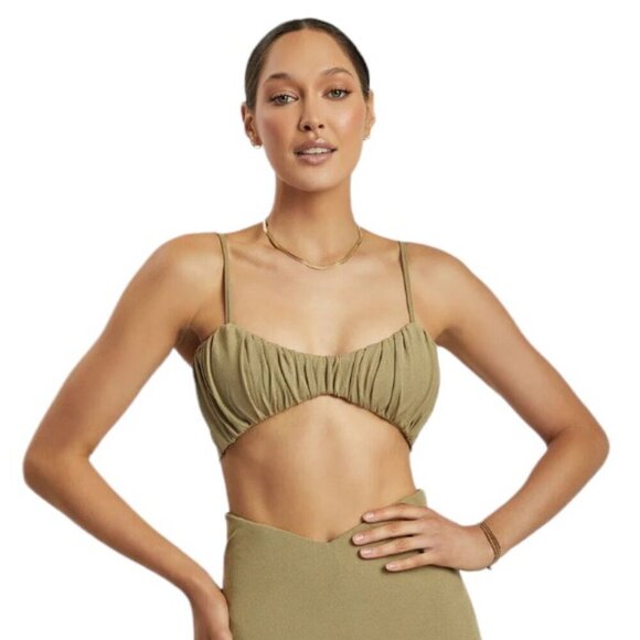 Meshki Jordan Ruched Front V Crop Top Size Medium Green NWT - Picture 2 of 7
